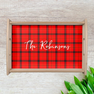 Gingham Red Check Plaid Family Name Farmhouse Serving Tray