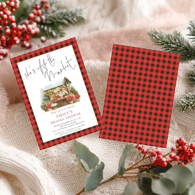 Gingham Red Green Off the Market Bridal Shower Invitation (Front and back view)