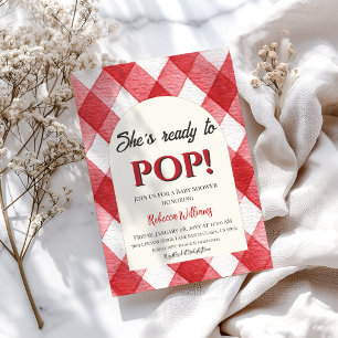 Gingham Red She's Ready to Pop Neutral Baby Shower Invitation