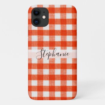 Gingham  Retro Orange Checked Iphone 11 Case by camcguire at Zazzle