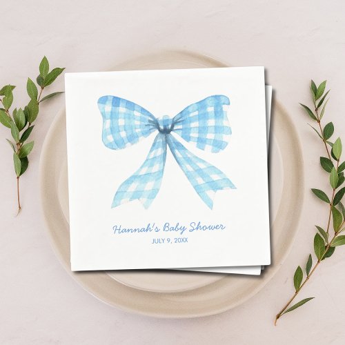 Gingham Ribbon Blue Bow Baby Boy Shower Napkins