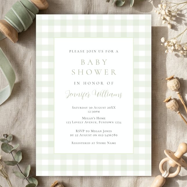 Gingham Sage Green Baby Shower Invitation (Creator Uploaded)