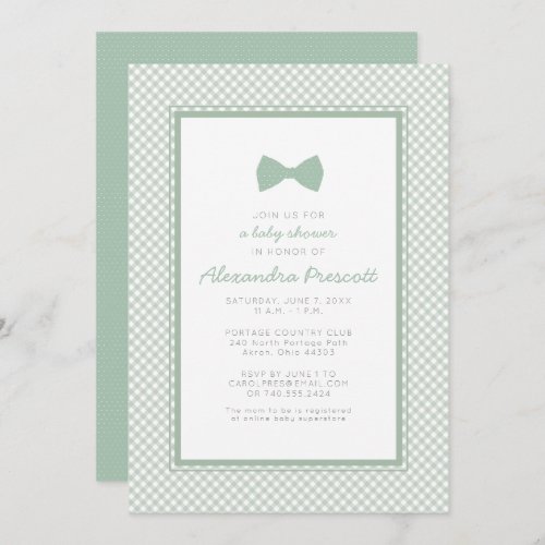 Gingham sage green bow tie baby shower invitation