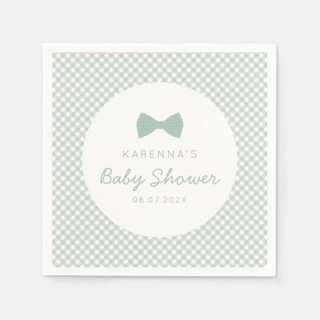 Gingham sage green bow tie baby shower napkins (Front)