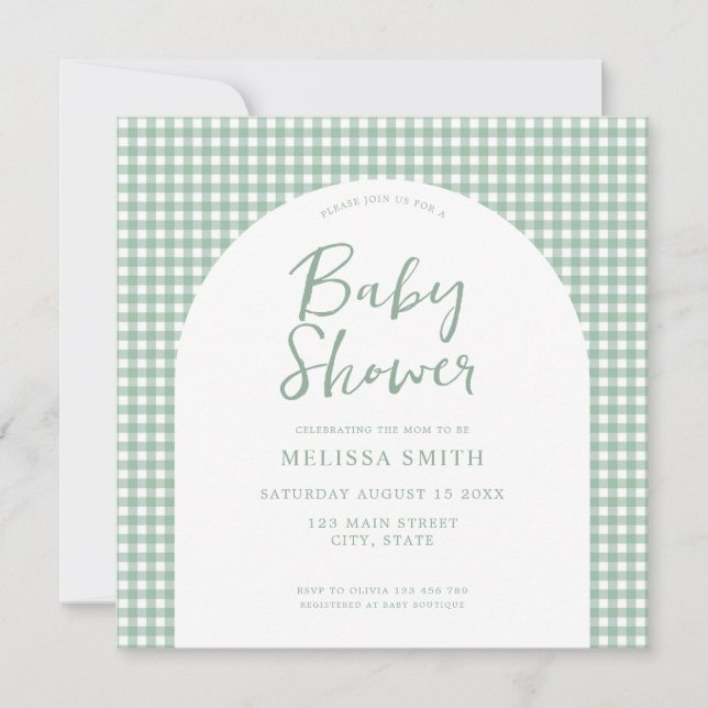 Gingham Sage Green Checkered Plaid Baby Shower Invitation (Front)