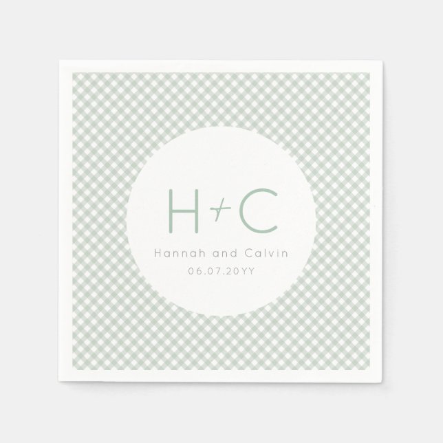 Gingham sage green initials wedding rehearsal napkins (Front)