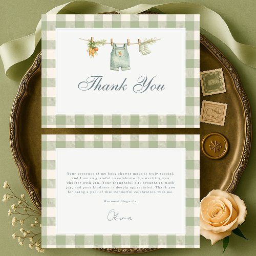 Gingham Sage Green Locally Grown Baby Shower Thank You Card by Pretty Girly Designs