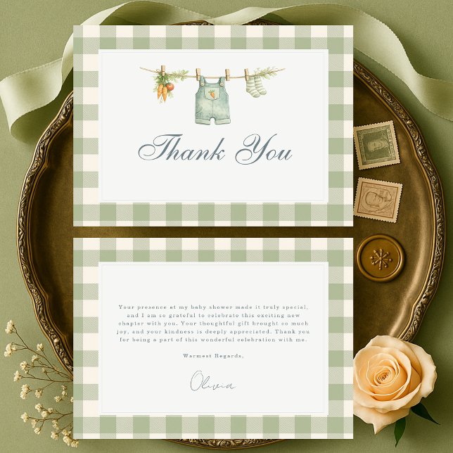 Gingham Sage Green Locally Grown Baby Shower Thank You Card (Creator Uploaded)