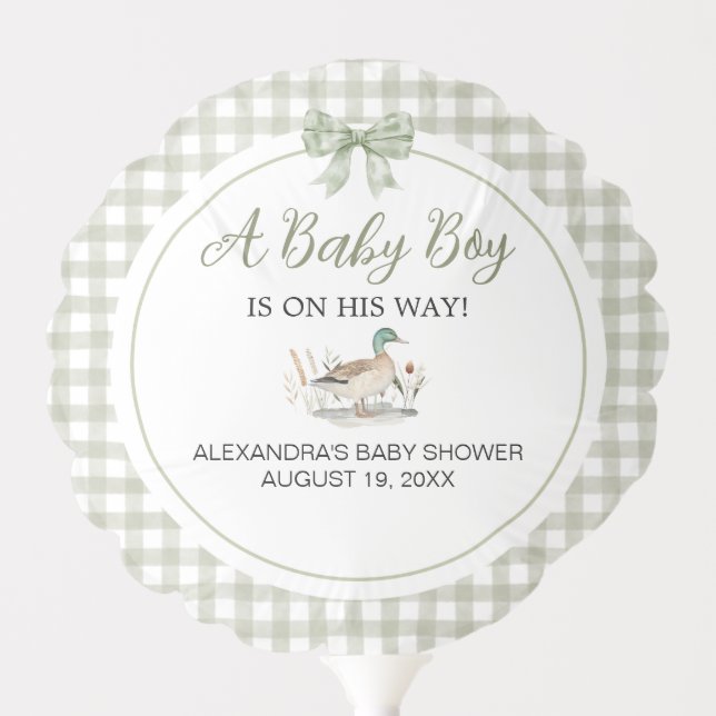 Gingham Sage Green Mallard Duck Baby Shower Balloon (Front)