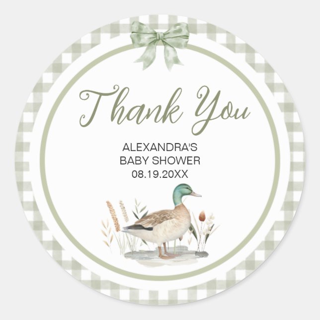 Gingham Sage Green Mallard Duck Baby Shower Classic Round Sticker (Front)