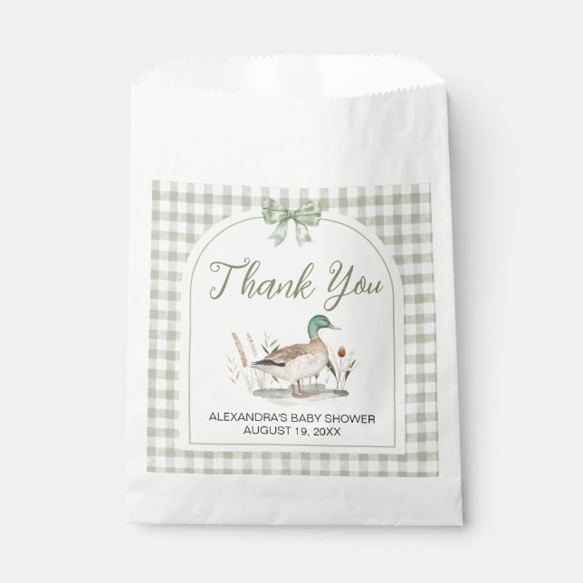 Gingham Sage Green Mallard Duck Baby Shower Favor Bag (Front)