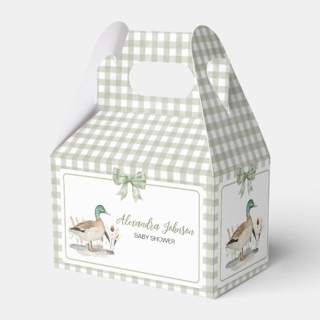 Gingham Sage Green Mallard Duck Baby Shower Favor Boxes (Front Side)
