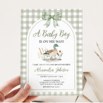 Gingham Sage Green Mallard Duck Baby Shower Invitation