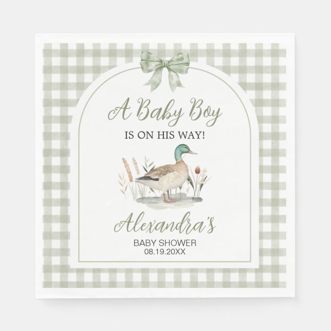 Gingham Sage Green Mallard Duck Baby Shower Napkins (Front)