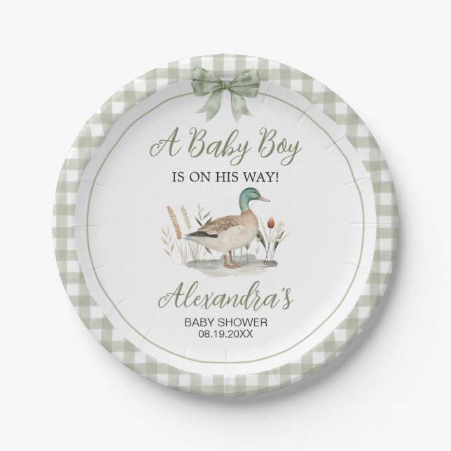 Gingham Sage Green Mallard Duck Baby Shower Paper Plates (Front)