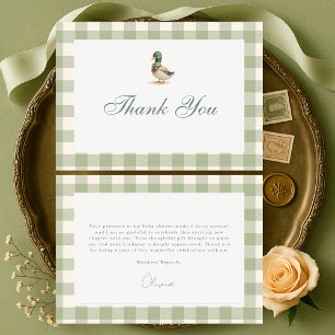 Gingham Sage Green Mallard Duck Bow Baby Shower Thank You Card