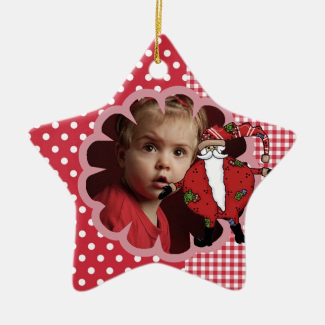 Gingham Santa Custom Photo Ornament (Front)