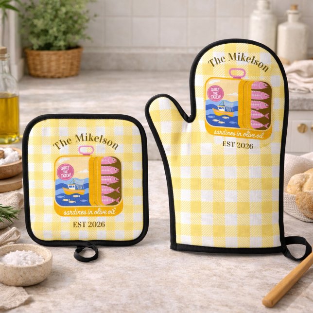 Gingham Sardines Custom Family Name Oven Mitt & Pot Holder Set (Creator Uploaded)