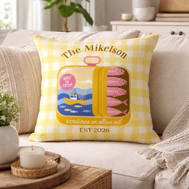 Gingham Sardines Custom Family Name Throw Pillow (Creator Uploaded)
