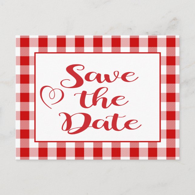 Gingham Save The Date Wedding Red White Checks Announcement Postcard (Front)