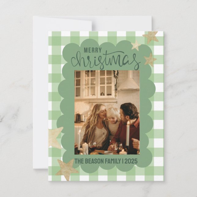 Gingham Scallop Green Photo Christmas Holiday Card (Front)