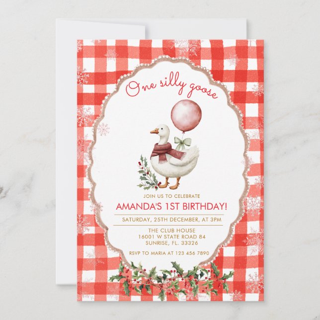 Gingham Silly Goose 1st Birthday Winter Christmas  Invitation (Front)