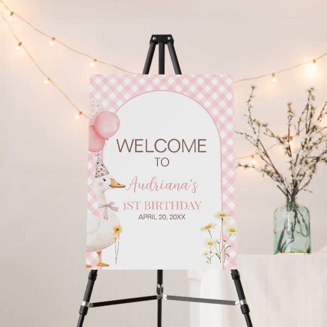 Gingham Silly Goose Birthday Party Welcome Sign (In Situ (Stand))