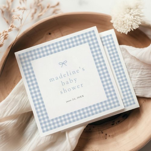 Gingham Simple Bow Dusty Blue Boys Baby Shower Napkins