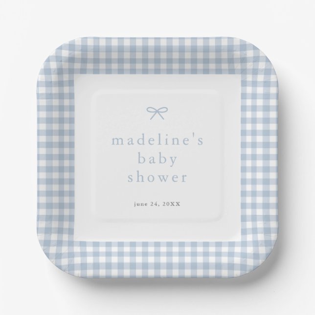 Gingham Simple Bow Dusty Blue Boys Baby Shower Paper Plates (Front)
