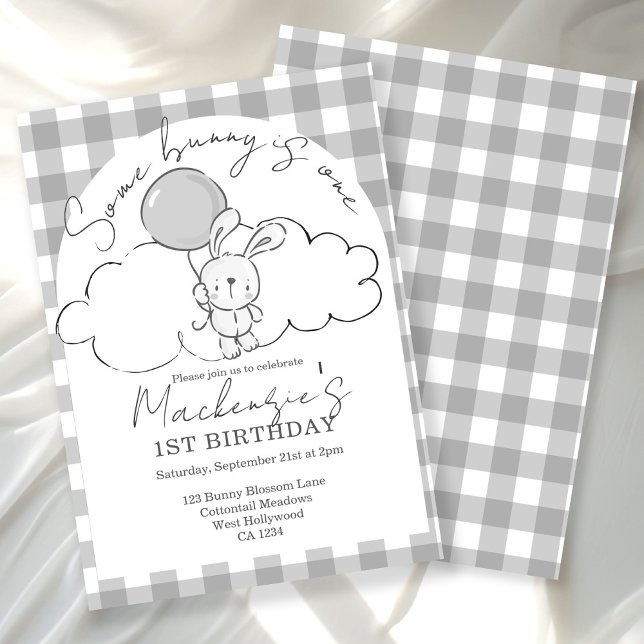 Gingham Some Bunny Is One Birthday Personalized Invitation (Gingham Some Bunny Is One Birthday Personalized Invitation by Ricaso. Unisex bunny rabbit party)