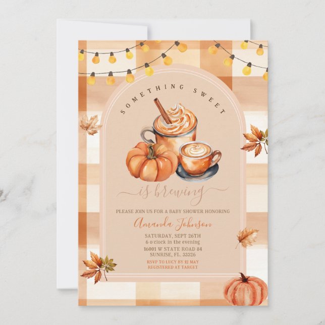 Gingham Something Sweet Is Brewing Baby Shower Invitation (Front)