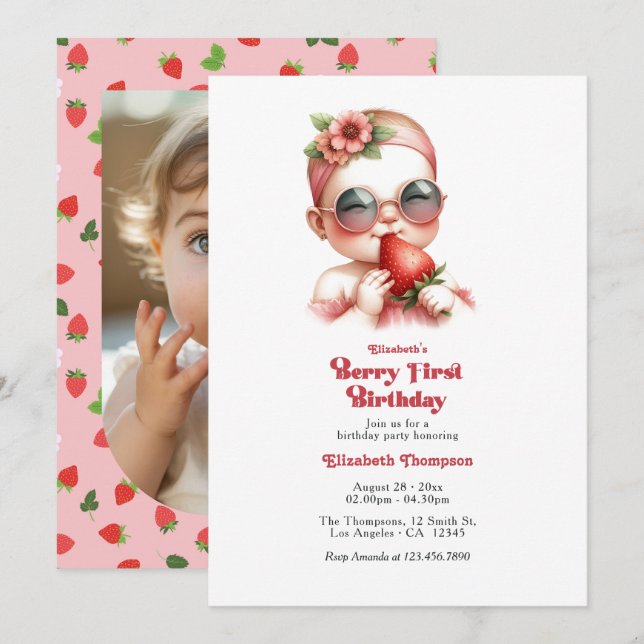 Gingham Strawberry Berry 1st Birthday Party Photo Invitation (Front/Back)