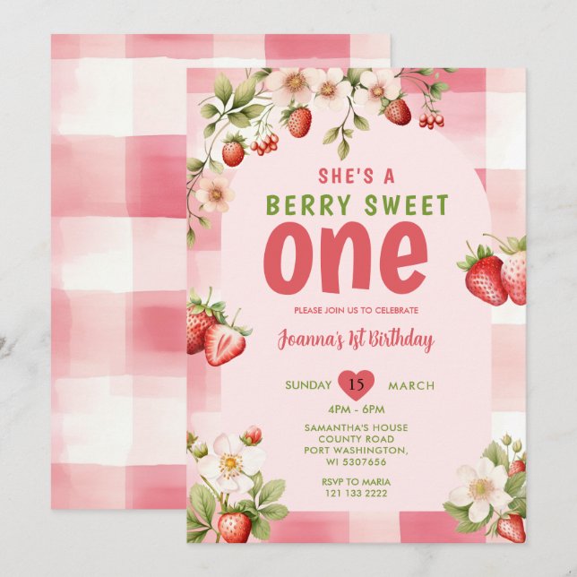 Gingham Strawberry Sweet One Berry 1st Birthday  Invitation (Front/Back)