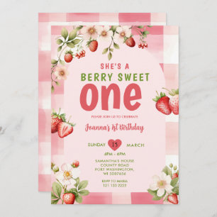 Gingham Strawberry Sweet One Berry 1st Birthday  Invitation