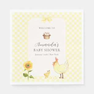 Gingham Sunflower Chicken Baby Shower Welcome Napkins