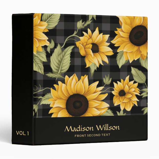 Gingham Sunflowers Pattern 3 Ring Binder (Front/Spine)