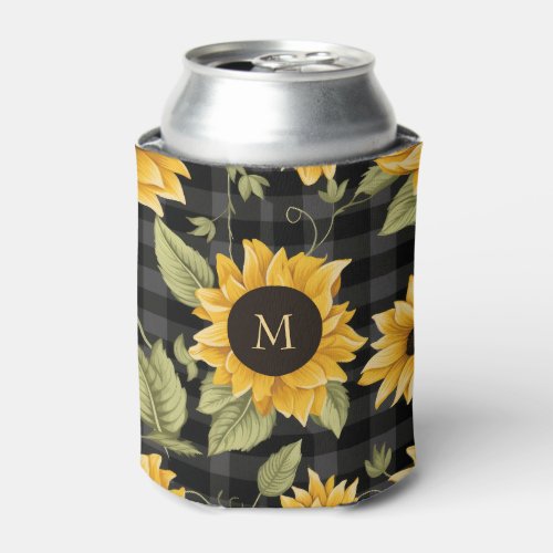 Gingham Sunflowers Pattern Can Cooler