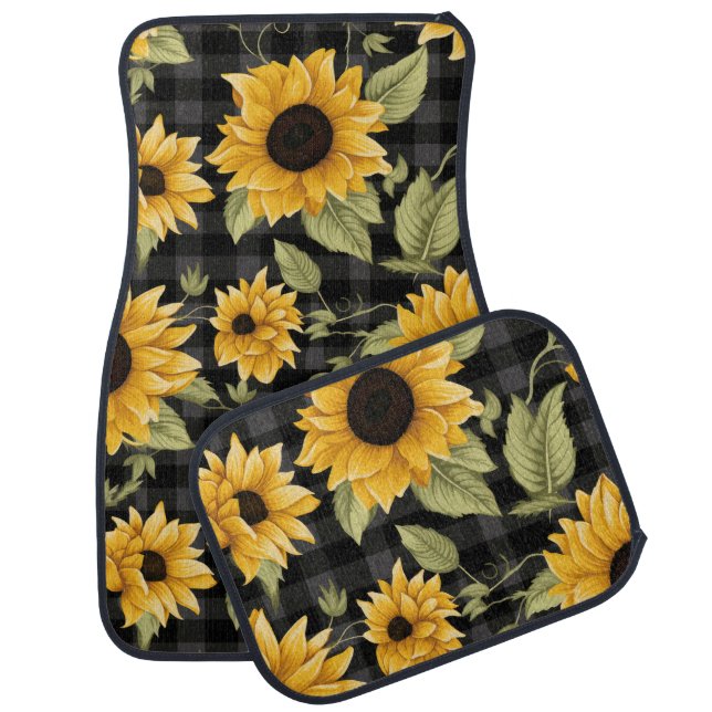 Gingham Sunflowers Pattern Car Floor Mat (Set)