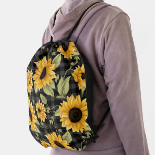 Gingham Sunflowers Pattern Drawstring Bag