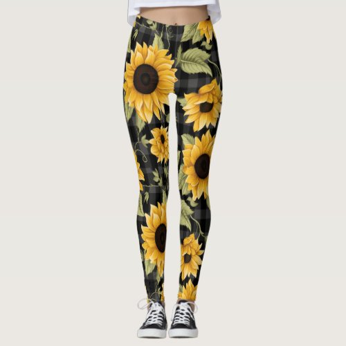 Gingham Sunflowers Pattern Leggings