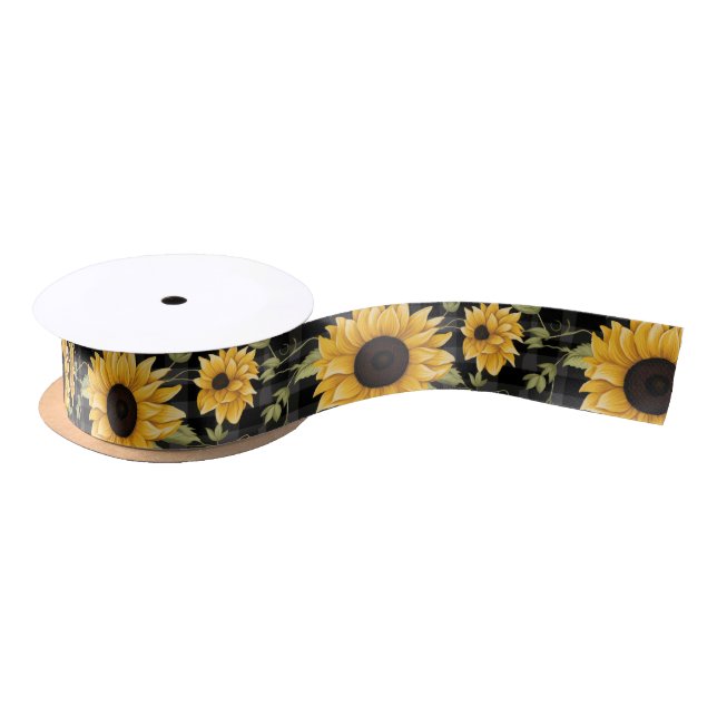 Gingham Sunflowers Pattern Satin Ribbon (Spool)