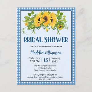 Gingham Sunflowers Rustic Bridal Shower Invitation Postcard