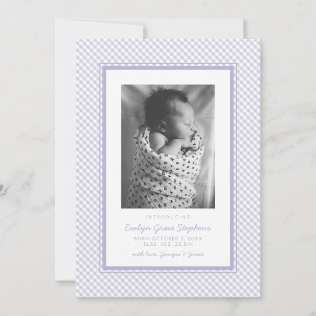 Gingham sweet purple plaid birth announcement (Front)