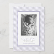 Gingham sweet purple plaid birth announcement