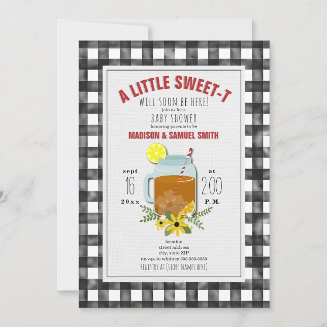 Gingham Sweet Tea Floral Baby Shower Invitation (Front)