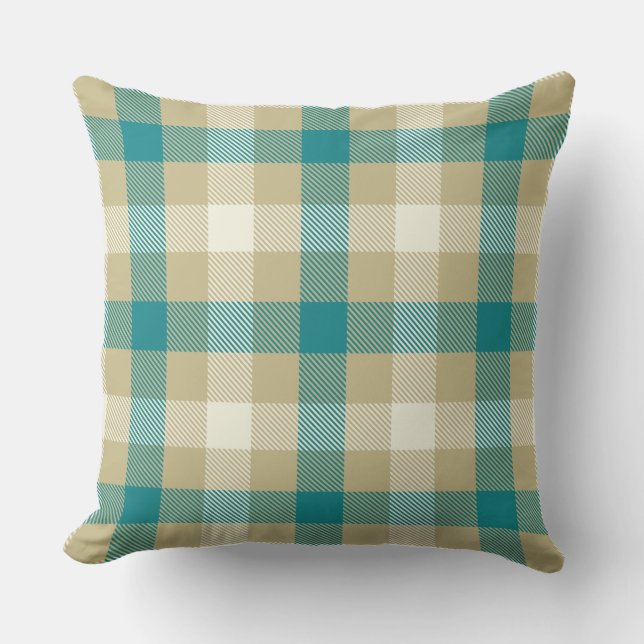 Gingham tartan plaid blue and beige country style  throw pillow (Front)