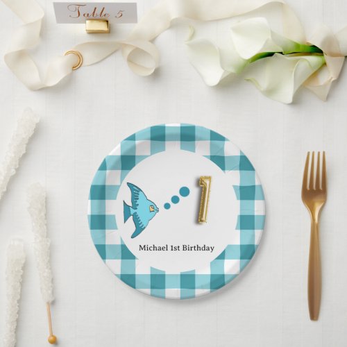 Gingham Teal Blue Fish  Balloon 1st Birthday Paper Plates