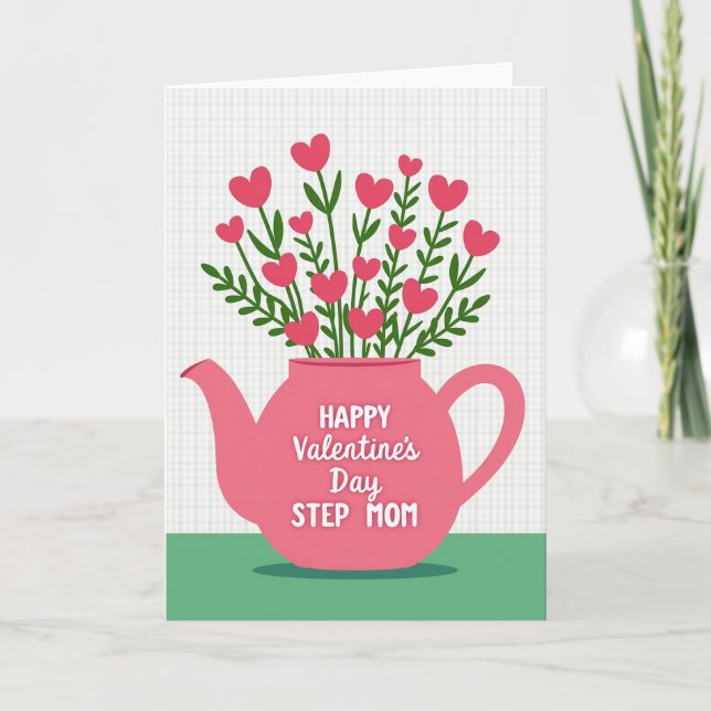 Gingham Teapot Step Mom Valentine Card (Front)