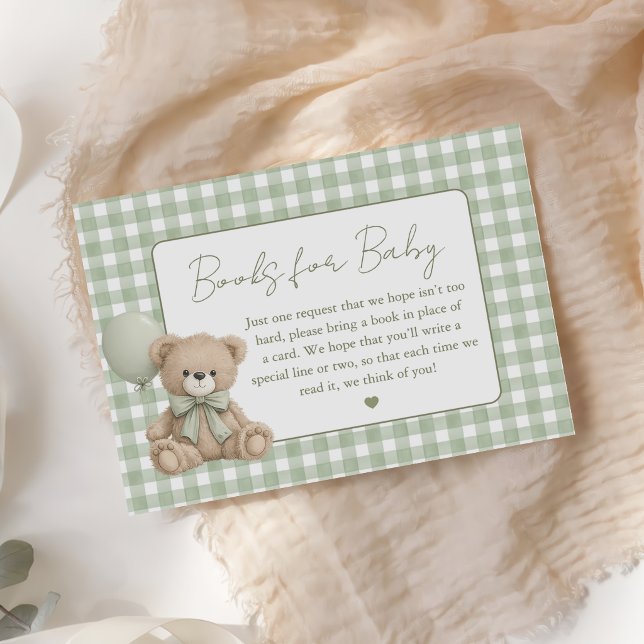 Gingham Teddy Bear Baby Shower Books For Baby Enclosure Card (Creator Uploaded)
