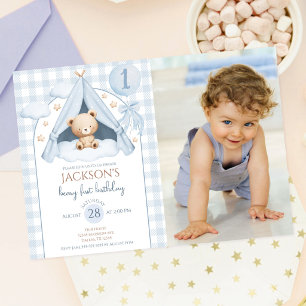 Gingham Teddy Bear Balloon Photo Boy 1st Birthday Invitation